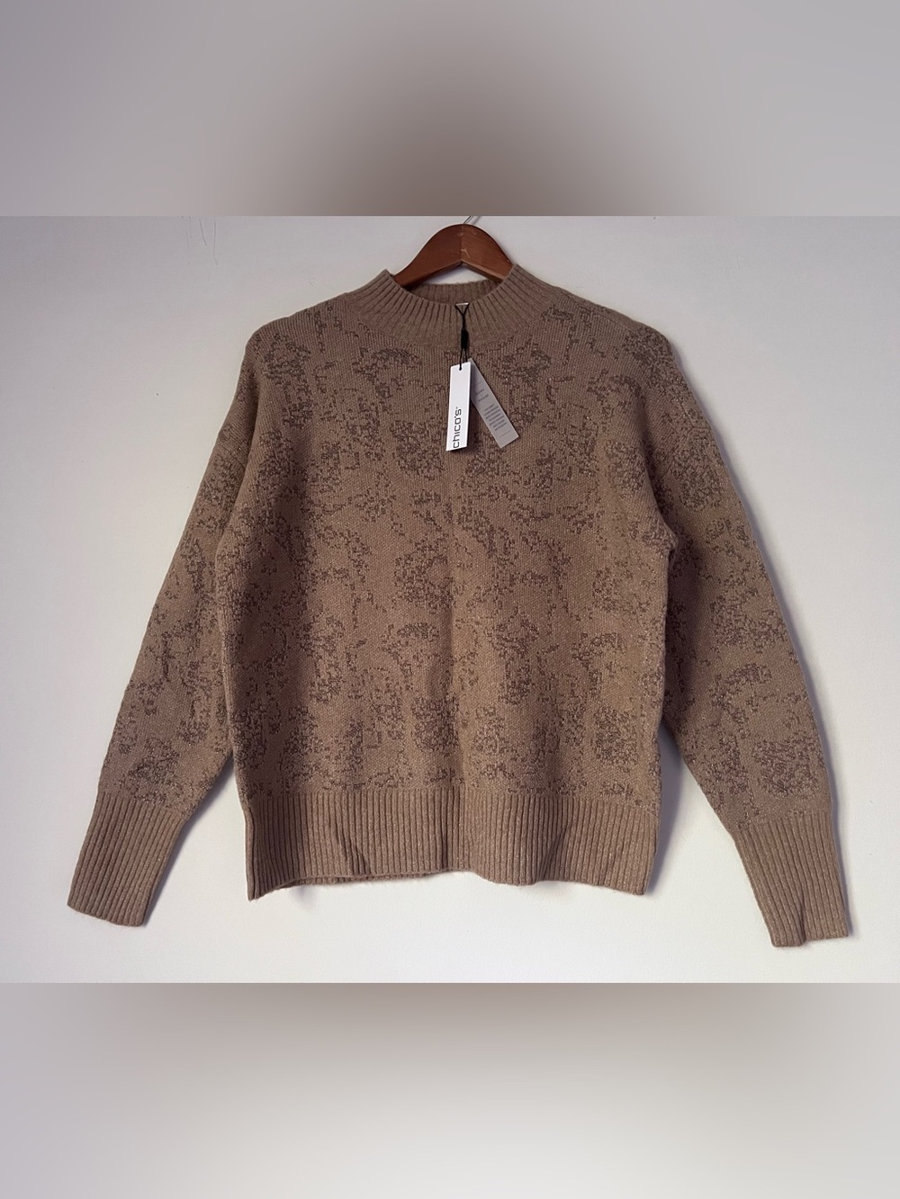 NWT Chico's Jacquard Mockneck Pullover Metallic Sweater Champagne Gold Beige M/1